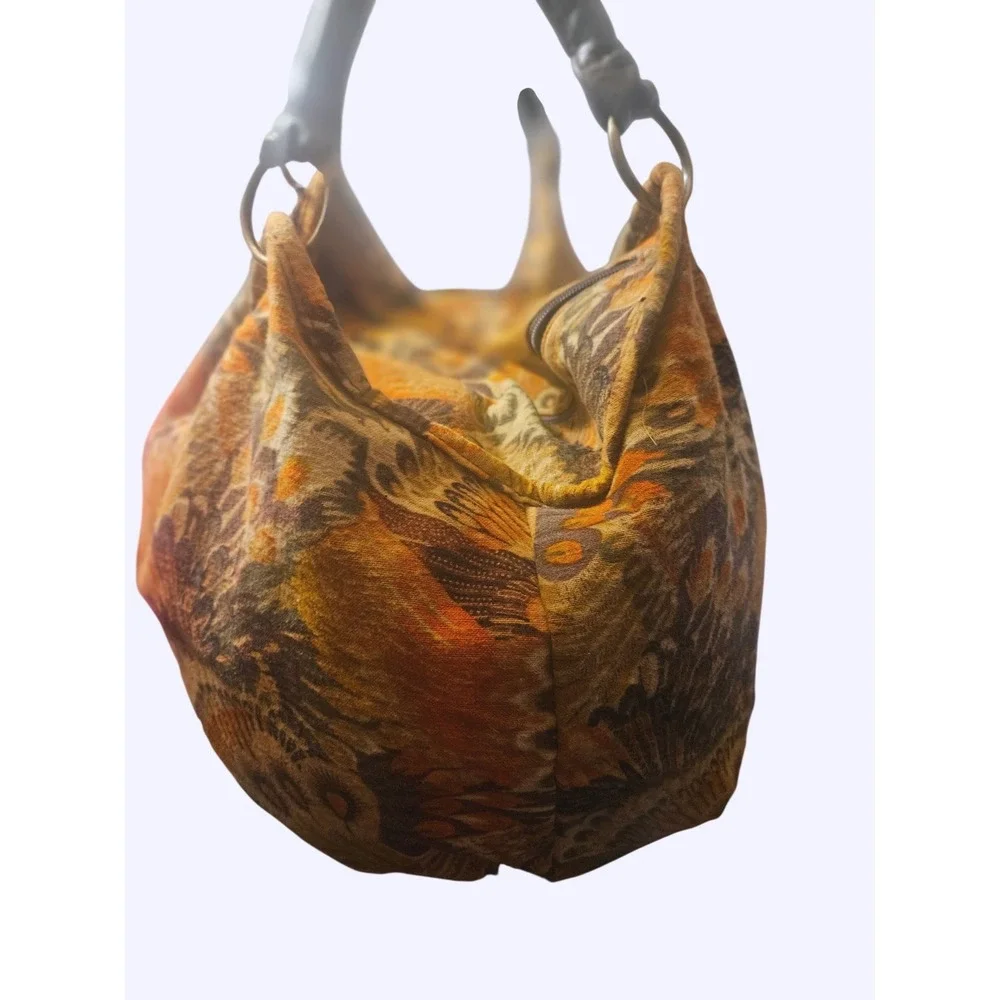 Peacock Feather Print Hobo Bag Orange Brown Tapestry Shoulder Tote